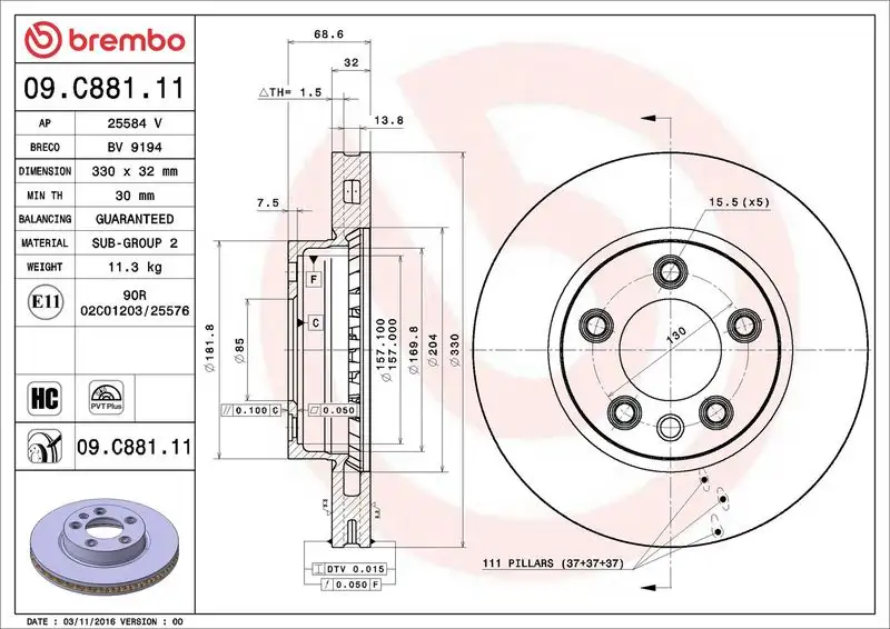 BREMBO 09.C881.11 Ön Fren Diski resmi