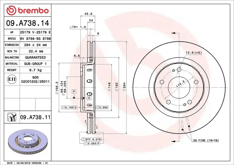 BREMBO 09.A738.14 Ön Fren Diski resmi
