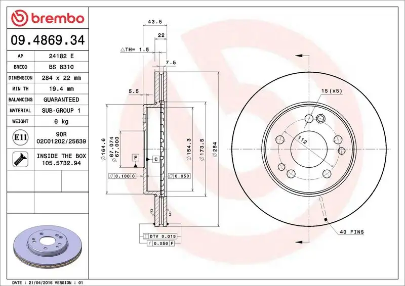 BREMBO 09.4869.34 Ön Fren Diski A1244212712 resmi