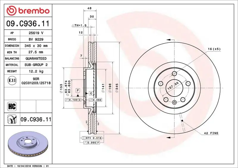 BREMBO 09.C936.11 Ön Fren Diski resmi