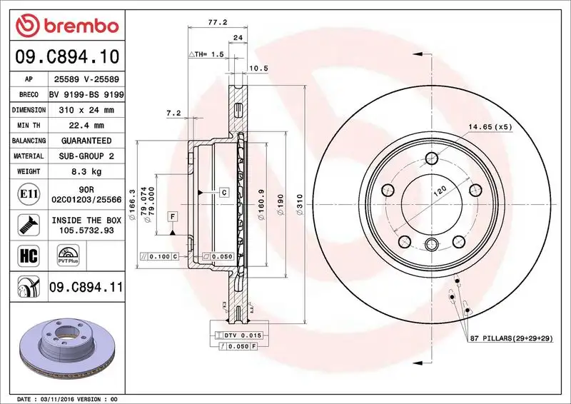 BREMBO 09.C894.11 Ön Fren Diski resmi