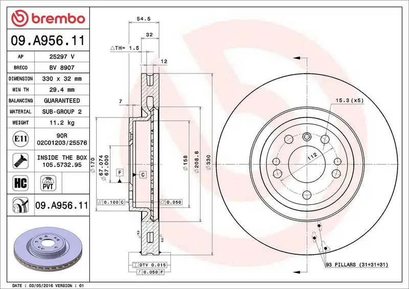 BREMBO 09.A956.11 Ön Fren Diski A1664210612 resmi
