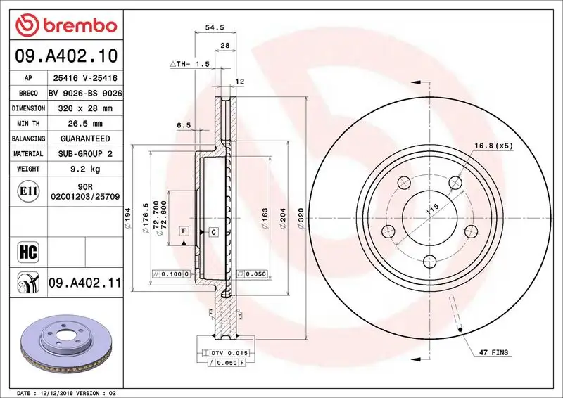 BREMBO 09.A402.11 Ön Fren Diski resmi