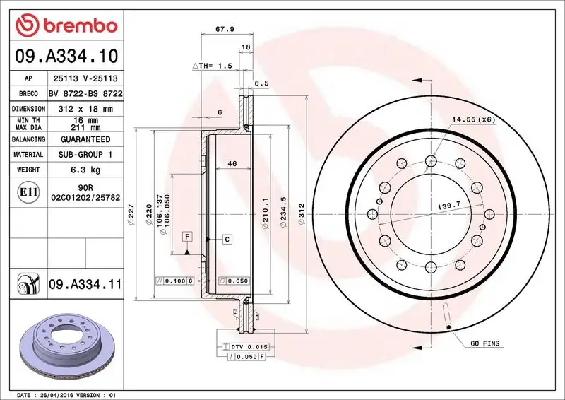 BREMBO 09.A334.11 Arka Fren Diski resmi