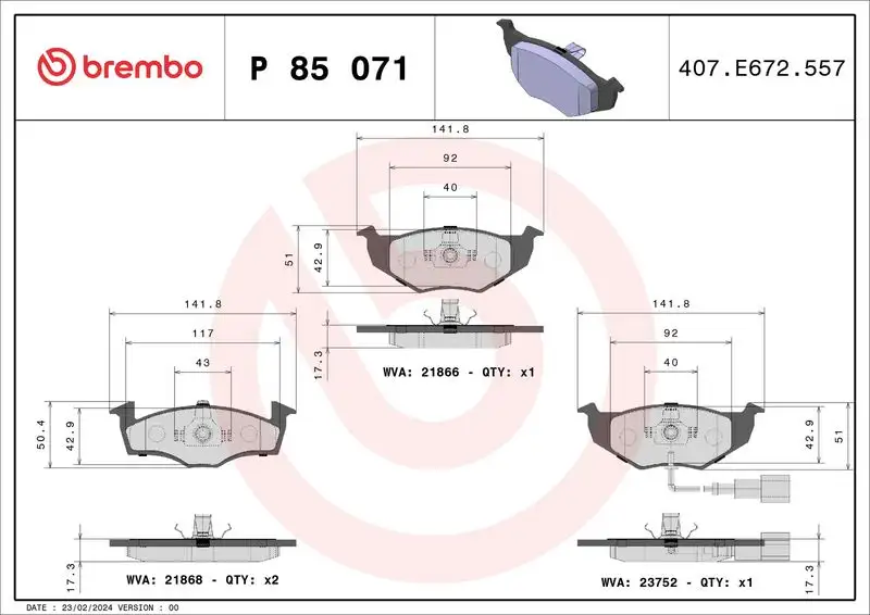 BREMBO P85071 Ön Fren Balatası 6Q0698151B resmi