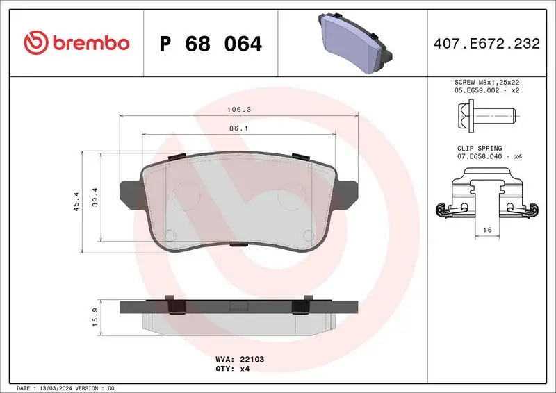 BREMBO P68064 Arka Fren Balatası resmi