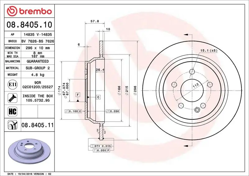 BREMBO 08.8405.11 Arka Fren Diski A6364230112 resmi