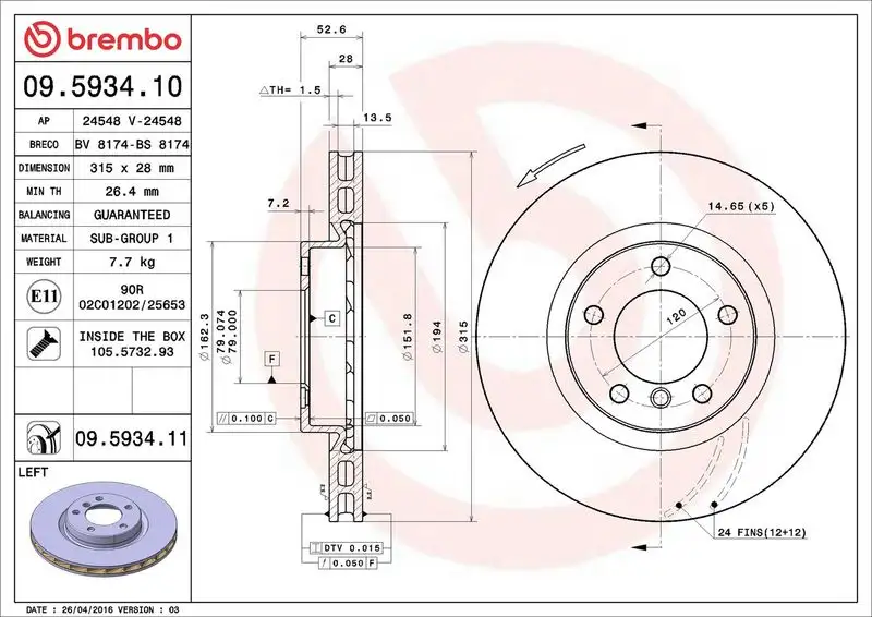 BREMBO 09.5934.11 Ön Fren Diski (Sol) 34112227737 resmi
