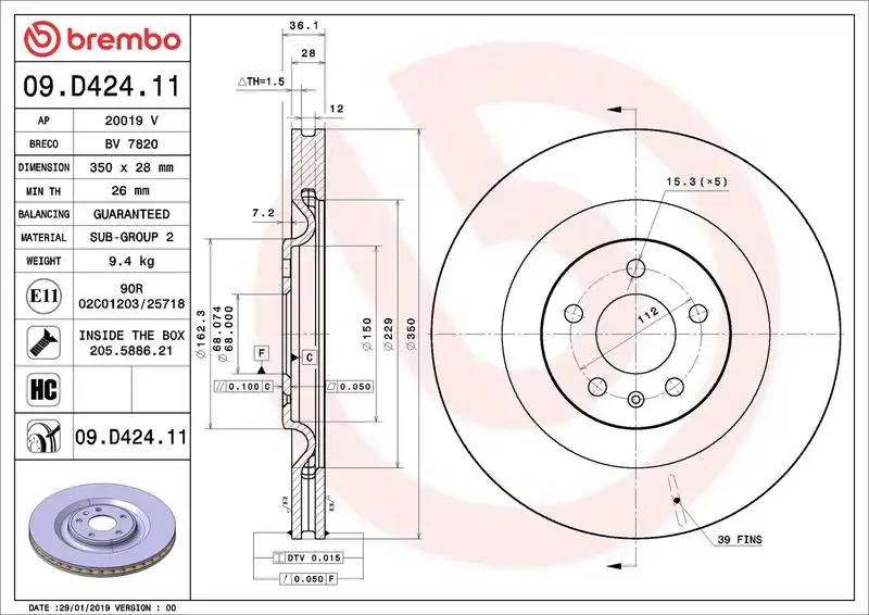 BREMBO 09.D424.11 Arka Fren Diski 4M0615601J resmi