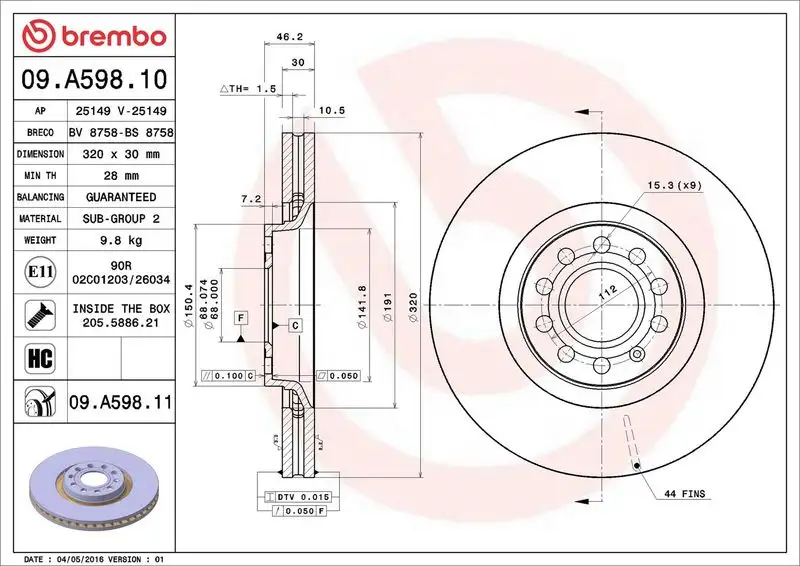 BREMBO 09.A598.11 Ön Fren Diski 8E0615301AD resmi